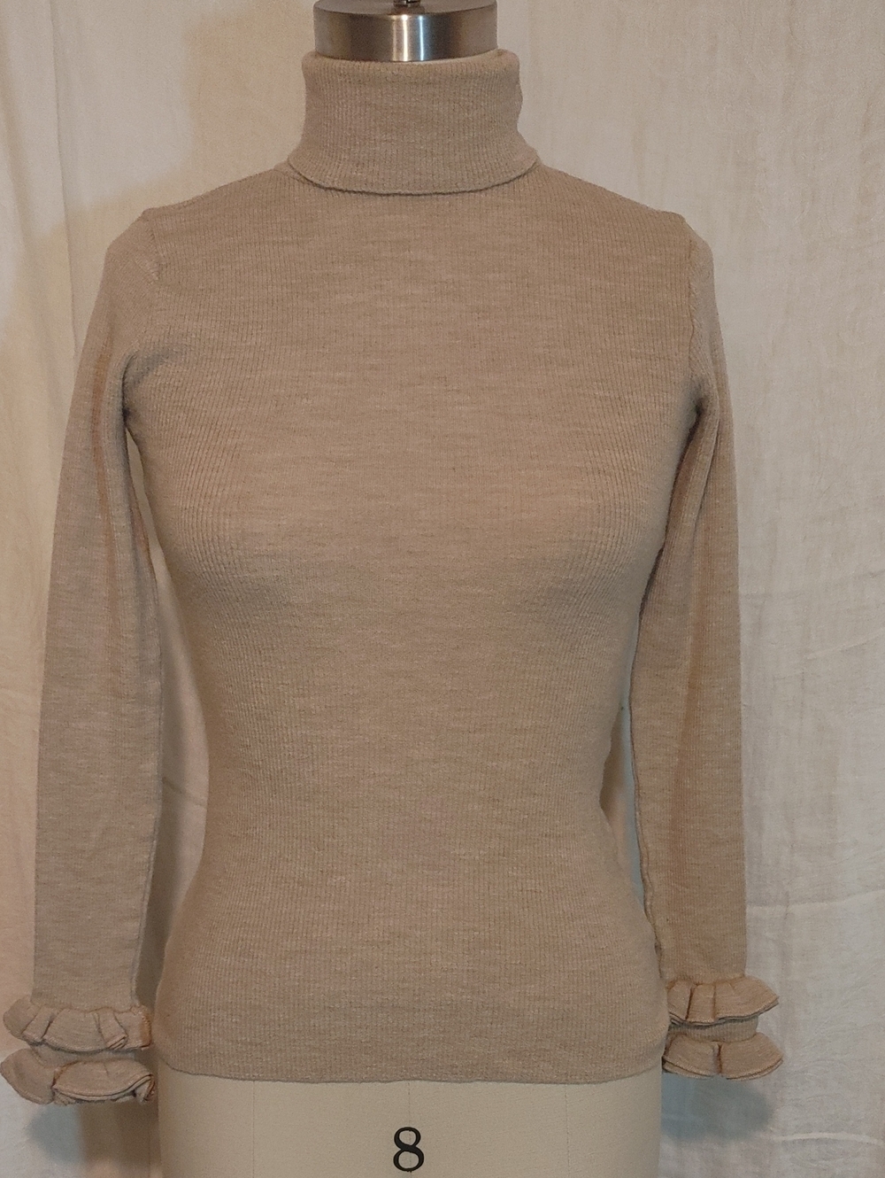 Anne Fontaine Lucile Heather Tan Wool Turtleneck Ruffle Cuff Size 38